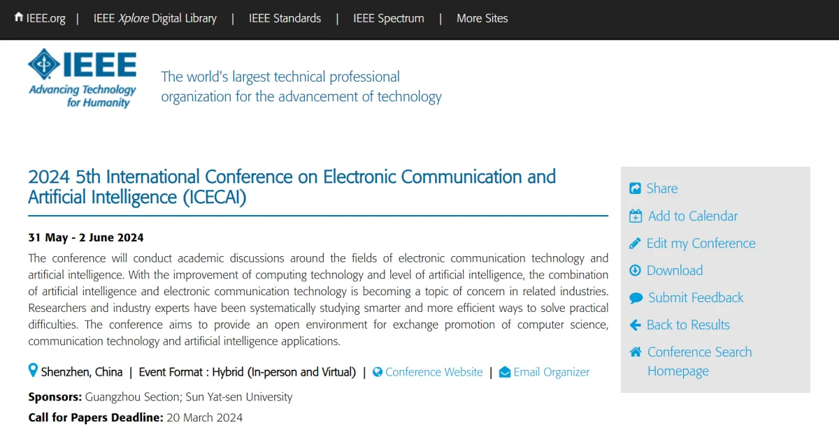 2024 5th International Conference on Electronic communication and Artificial Intelligence (ICECAI 2024)